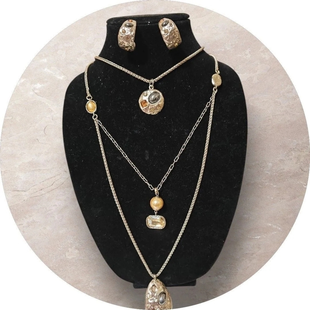 Vintage Chico's Gold-Tone Layered Pendant Necklace Set with Earrings